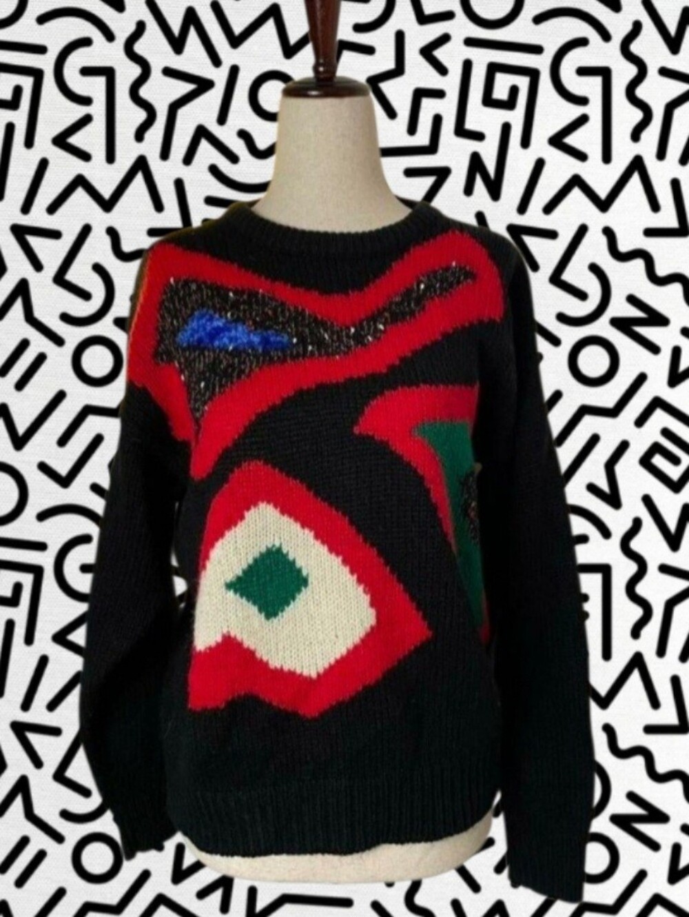 Vintage Black Abstract Pattern Crewneck Sweater - Women